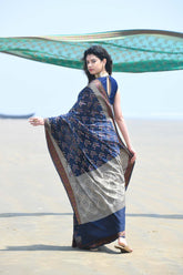 'Afreen' Navy Blue Pure Resham Cotton Alfi Booti Tilfi Border Banarasi Handloom Saree